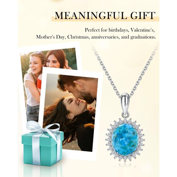 Sterling Silver 3.3 Carat Turquoise & White Sapphire Pendant Necklace, Adjustabl - Picture 4 of 7